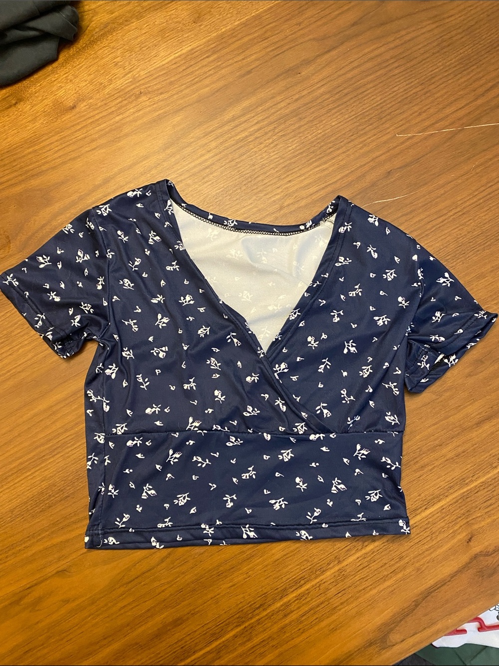 Navy Floral Wrap Short-Sleeve Crop Top